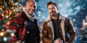 Dwayne Johnson and Chris Evans in festive winter attire.