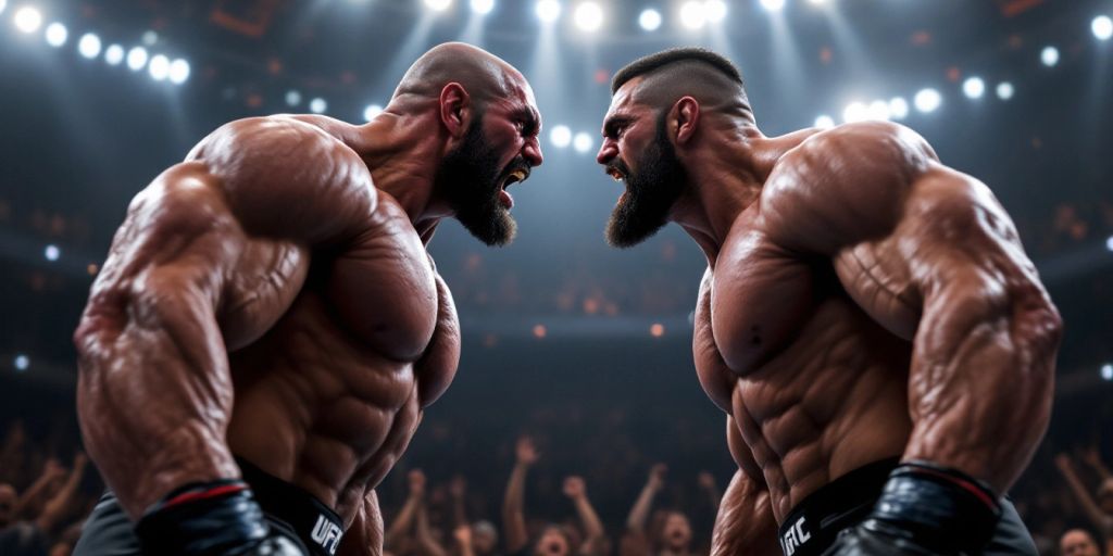 Two heavyweight fighters face off in an animated octagon.