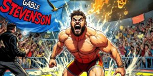 Gable Stevenson wrestling in a comic book animated style.