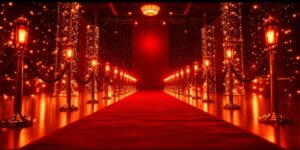 Empty red carpet at a premiere event with lights.