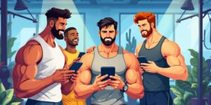 Diverse men using workout apps in a gym setting.