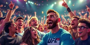 Animated UFC celebrities reacting in a vibrant arena.