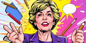 Comic book illustration of Linda McMahon in action.