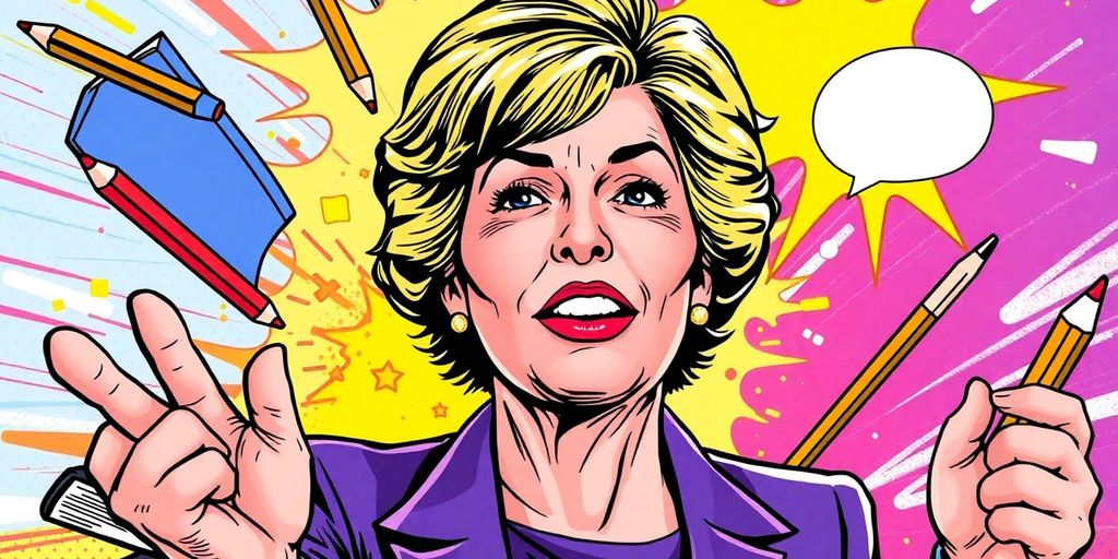 Comic book illustration of Linda McMahon in action.