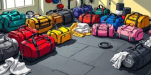 Colorful gym bags on a gym floor for leg day.