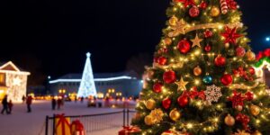 Festive Christmas tree with lights and presents.