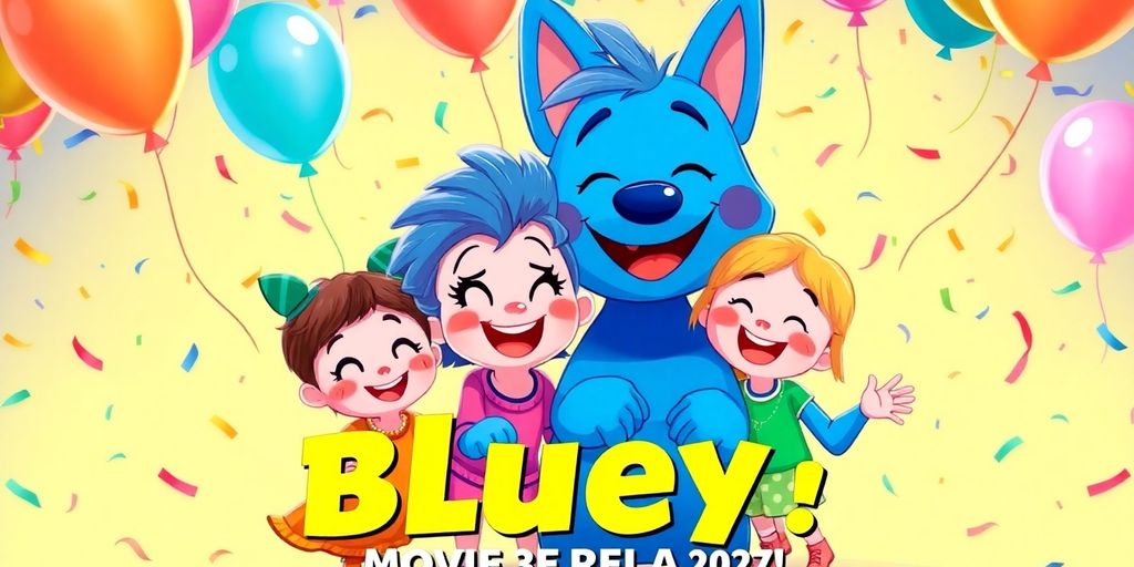 Stylized illustration of Bluey and family celebrating excitement.