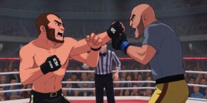 Animated UFC fighters in action during a controversial stoppage.