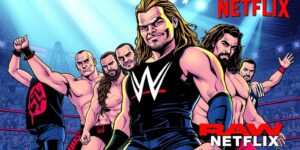 Comic book style WWE wrestlers in action poses.