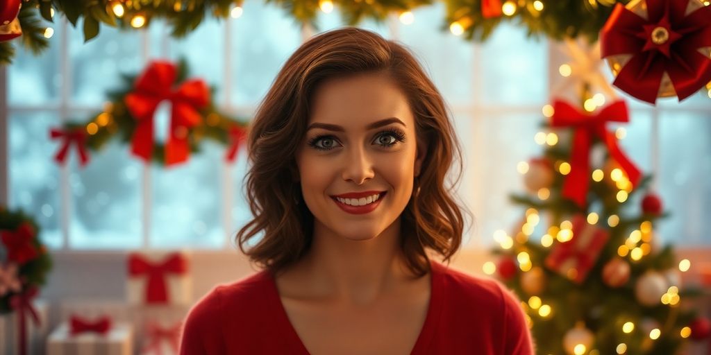 Anne Hathaway in a festive holiday setting with decorations.