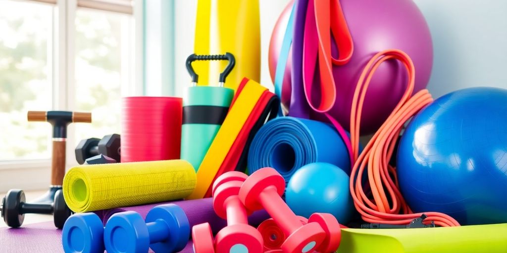 Colorful home gym equipment in an inviting workout space.