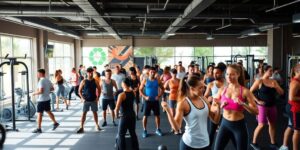 Diverse gym-goers exercising with modern fitness gear.