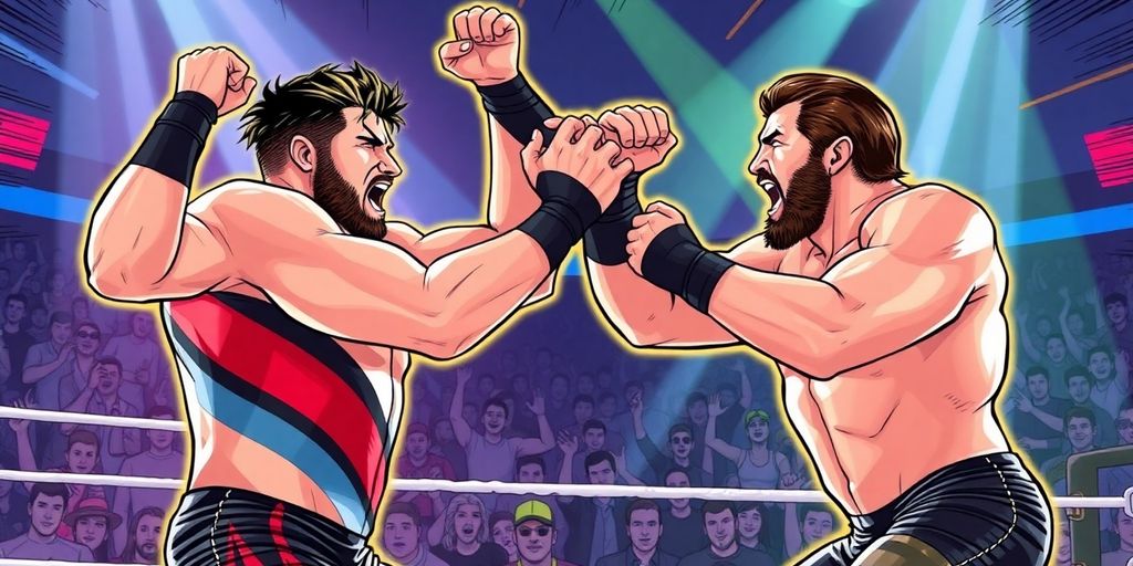 Cody Rhodes and Kevin Owens in comic book wrestling action.