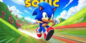 Stylized Sonic the Hedgehog in a vibrant racing scene.