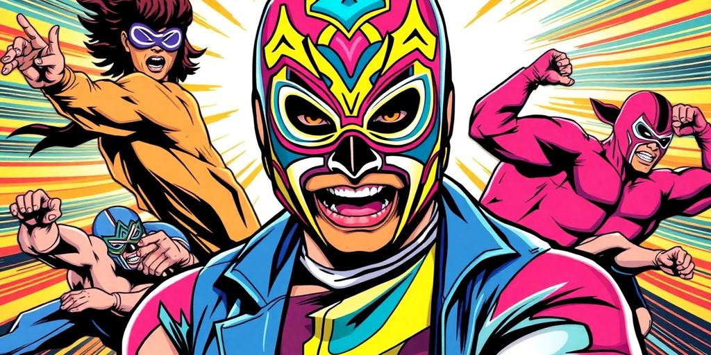 Rey Misterio Sr. in vibrant comic book style illustration.