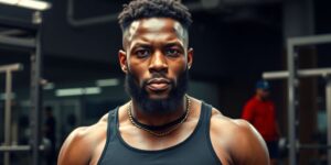 Stormzy in workout gear at the gym, looking determined.