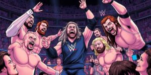 Comic book illustration of WWE wrestlers in action.