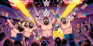 WWE wrestlers in comic book style celebrating patriotism.