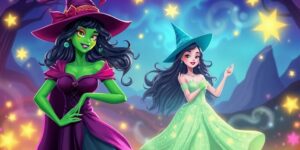 Stylized image of two witches in a magical landscape.