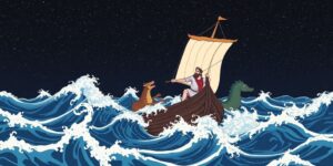 Stylized image of Odysseus at sea with mythical creatures.