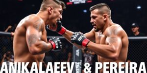 Ankalaev and Pereira in an intense UFC fight scene.