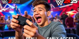 Gamer enjoying WWE 2K25 with vibrant game graphics.