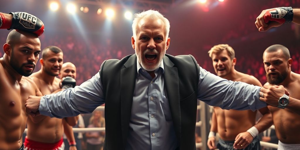 Dana White in a boxing ring with cheering crowd around.