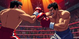 Animated bare-knuckle boxing fighters in an intense match.