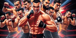 Animated MMA fighters in action poses with vibrant energy.