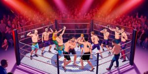 Animated fighters in an octagon showcasing MMA action.