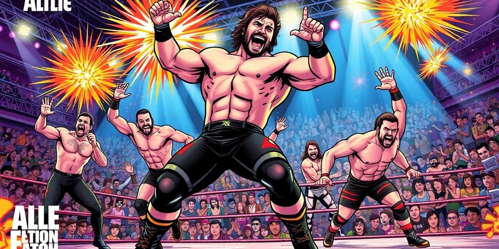 Comic-style wrestlers in action, full of energy and excitement.