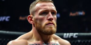 Conor McGregor in the Octagon, looking serious and contemplative.