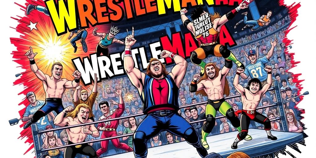 Colorful comic book wrestling scene with dynamic action.